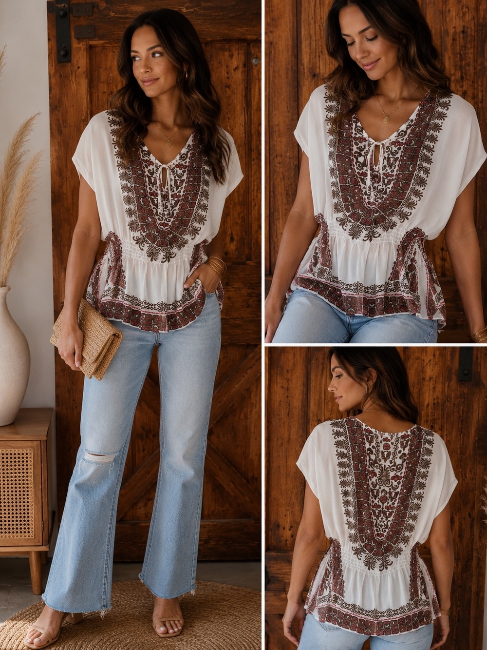 FANG White Tunic Top with Brown Embroidered Print